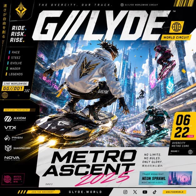 Glyde rider racing above the city